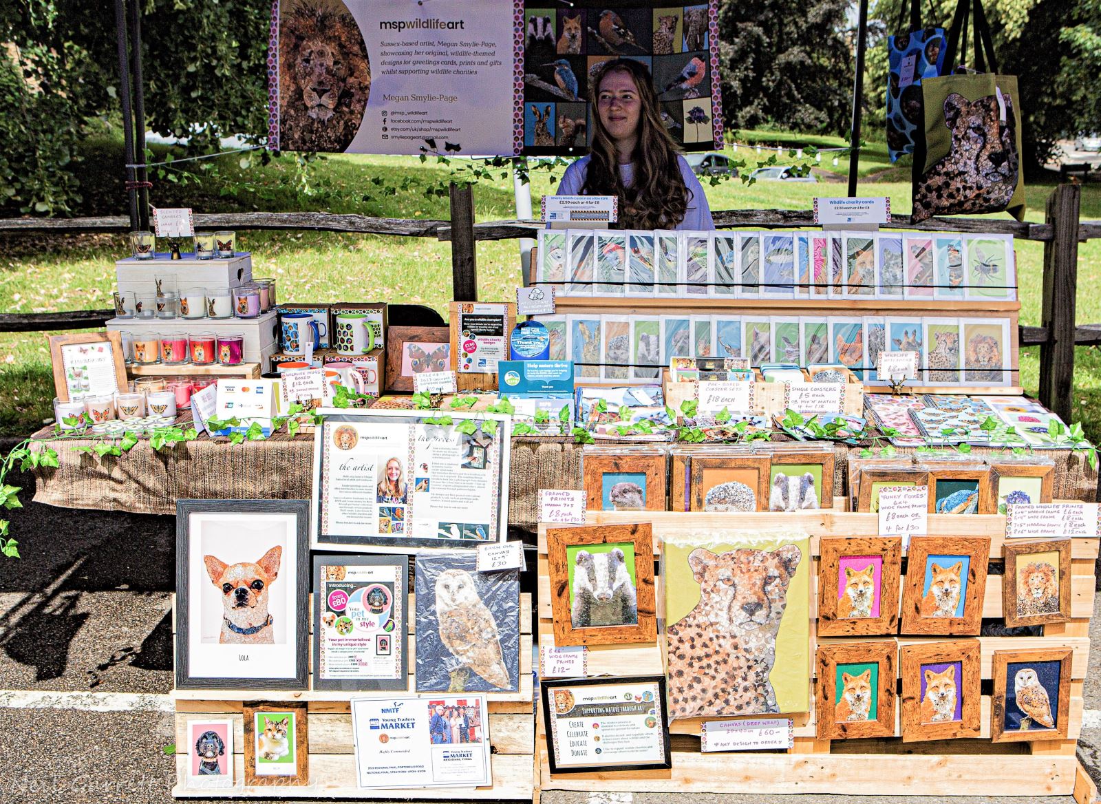 A market stall with wildlife paintings